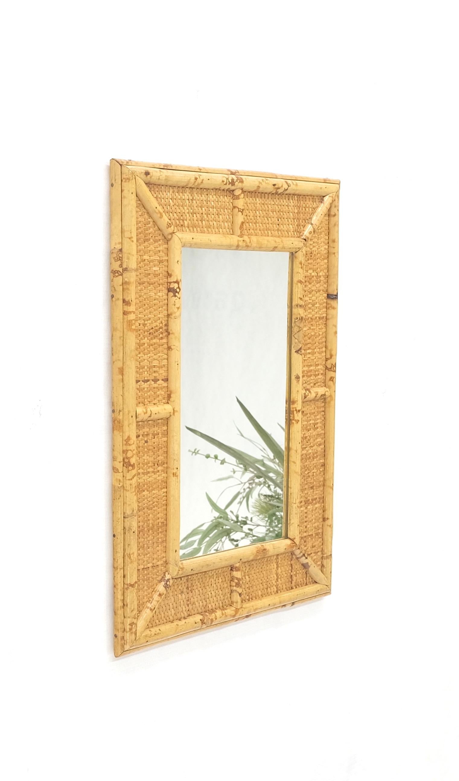 EstablishedLines Compact Rectangle Bamboo Frame Decorative Mid Century Modern c1970s Wall Mirror