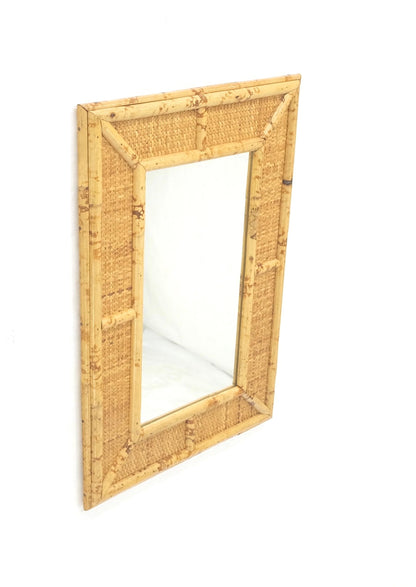 EstablishedLines Compact Rectangle Bamboo Frame Decorative Mid Century Modern c1970s Wall Mirror