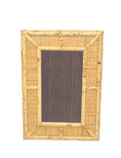 EstablishedLines Compact Rectangle Bamboo Frame Decorative Mid Century Modern c1970s Wall Mirror