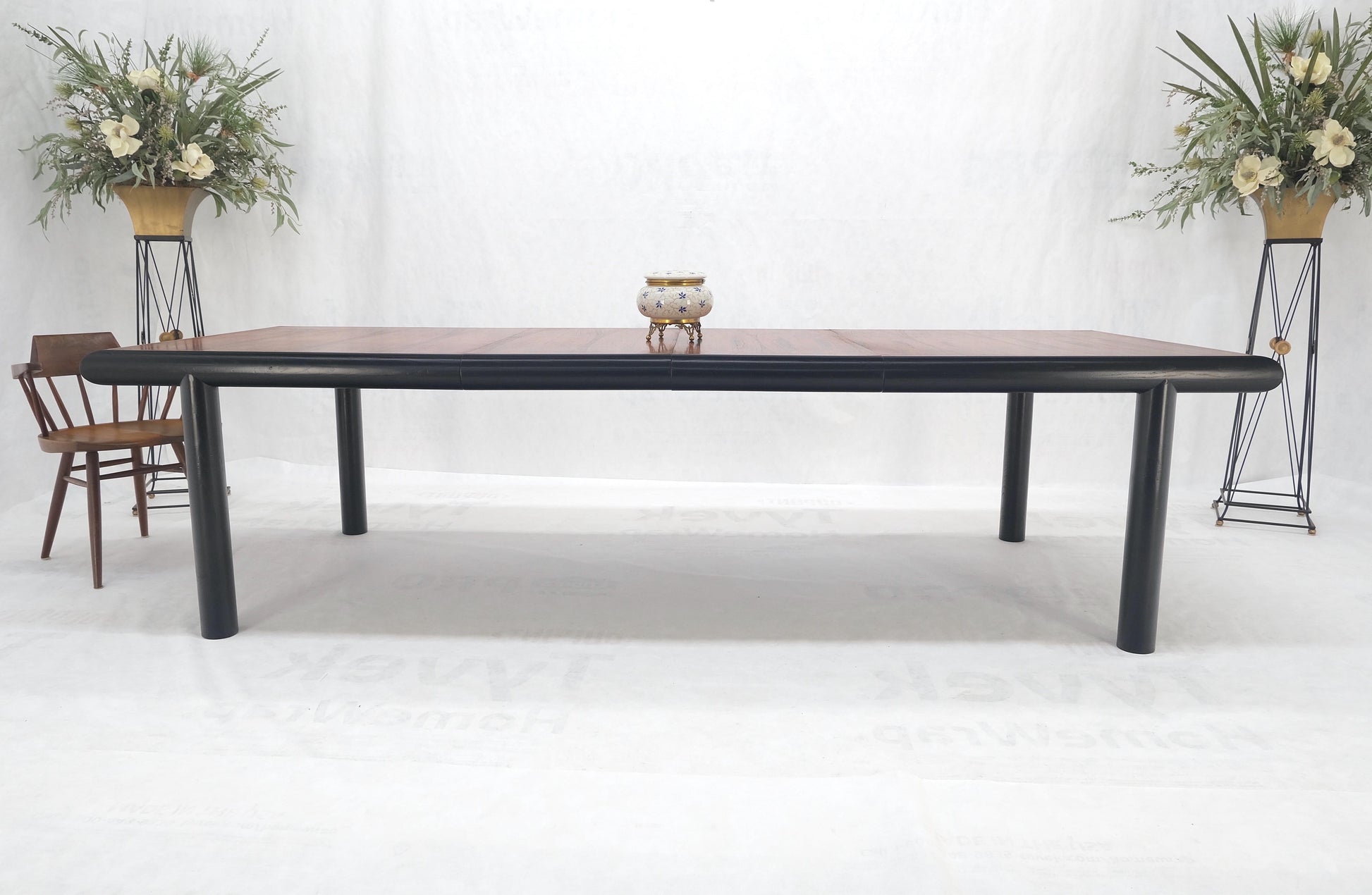 EstablishedLines Rosewood Top Black Lacquer Base Massive Cylinder Shape Legs Dining Table MINT!