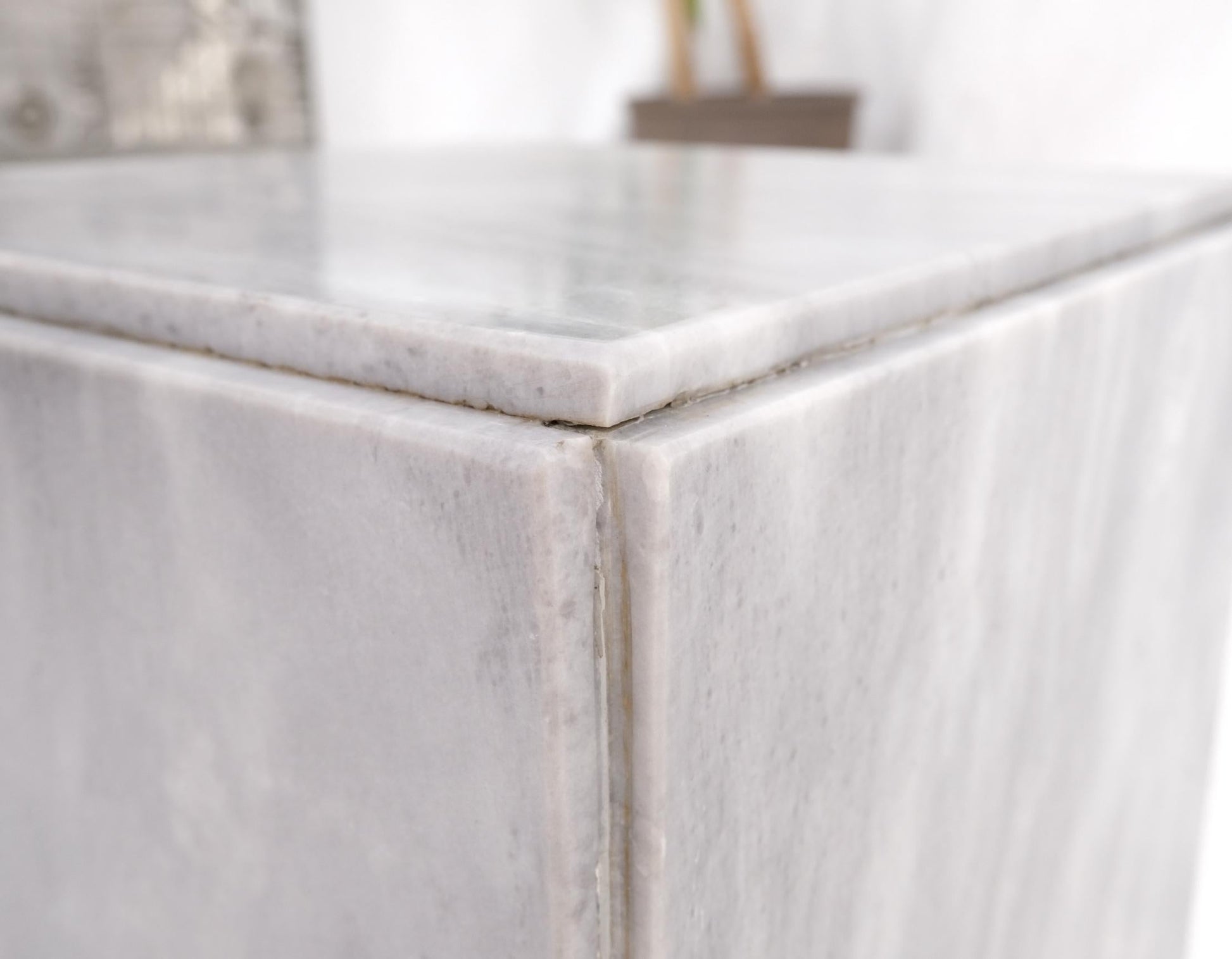 EstablishedLines Mid-Century Modern Cube Shape Italian Carrara Marble Pedestal 18" Tall End Table