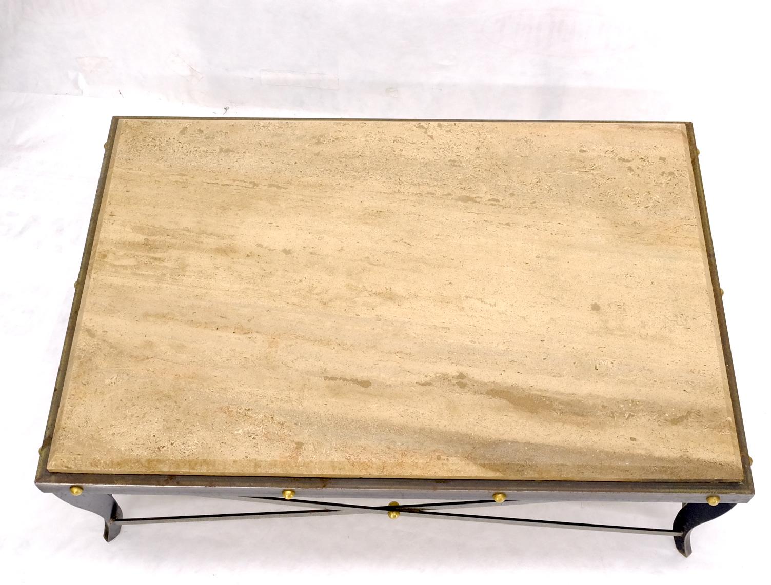 EstablishedLines Steel Metal Forged X Base Travertine Top Rectangle Coffee Table w/ Brass Studs