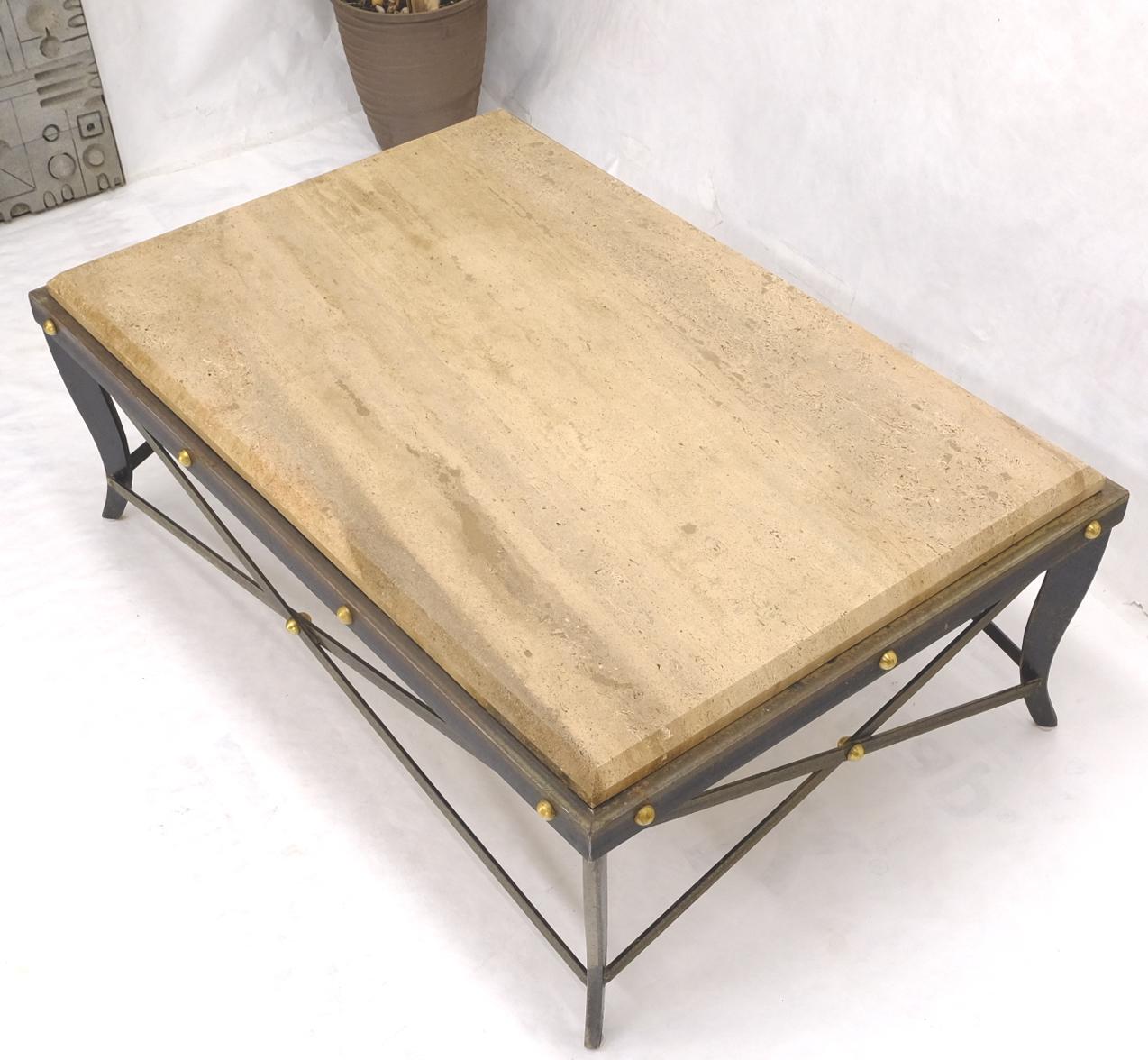 EstablishedLines Steel Metal Forged X Base Travertine Top Rectangle Coffee Table w/ Brass Studs