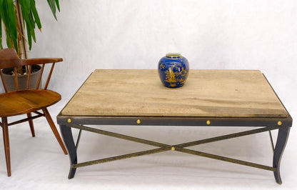 EstablishedLines Steel Metal Forged X Base Travertine Top Rectangle Coffee Table w/ Brass Studs