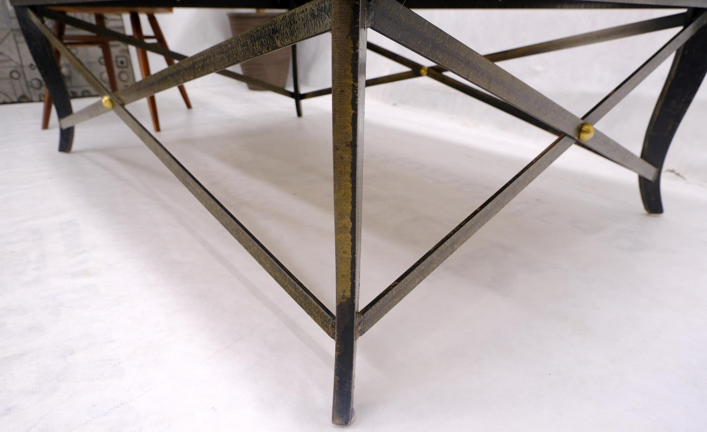 EstablishedLines Steel Metal Forged X Base Travertine Top Rectangle Coffee Table w/ Brass Studs