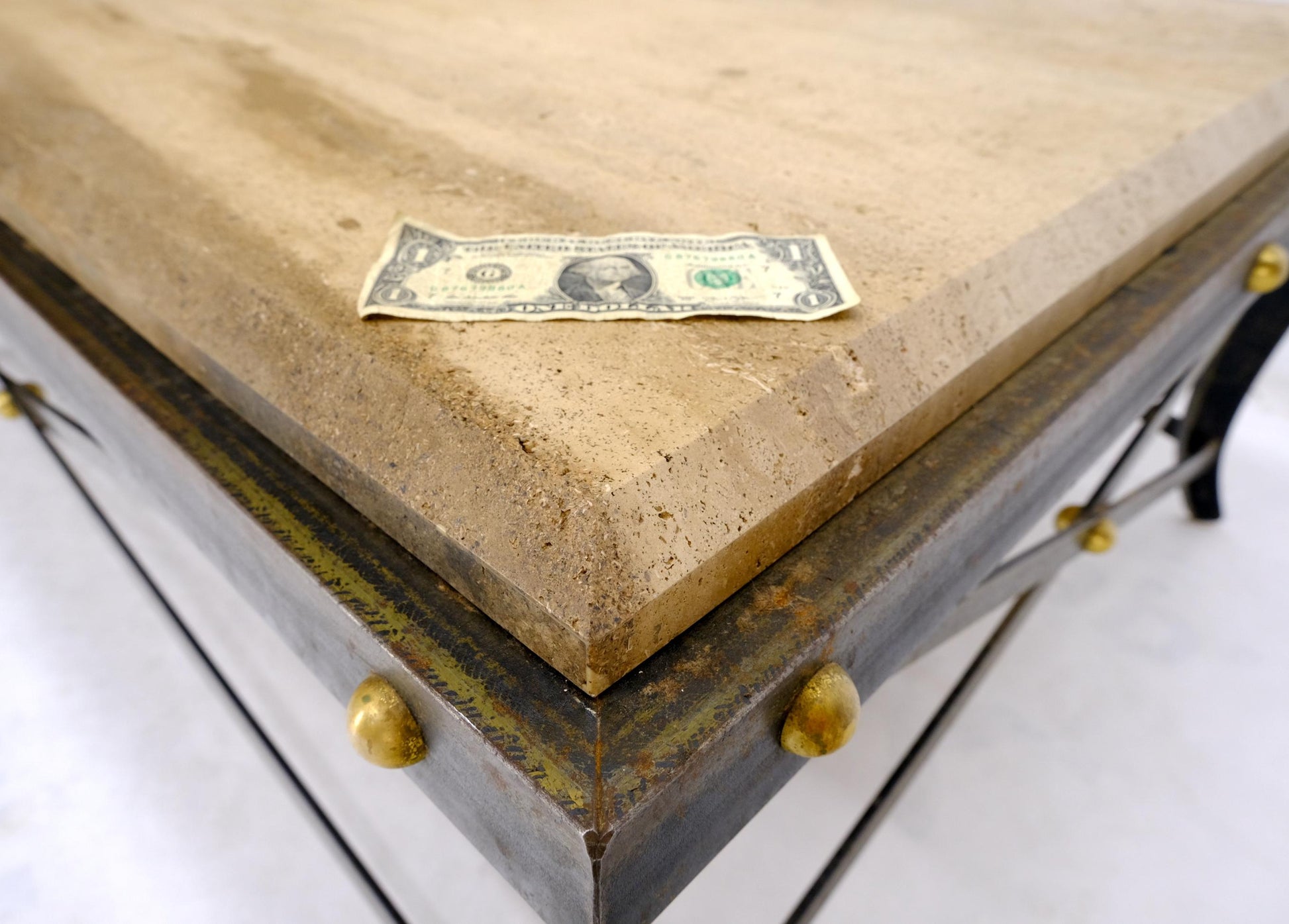 EstablishedLines Steel Metal Forged X Base Travertine Top Rectangle Coffee Table w/ Brass Studs