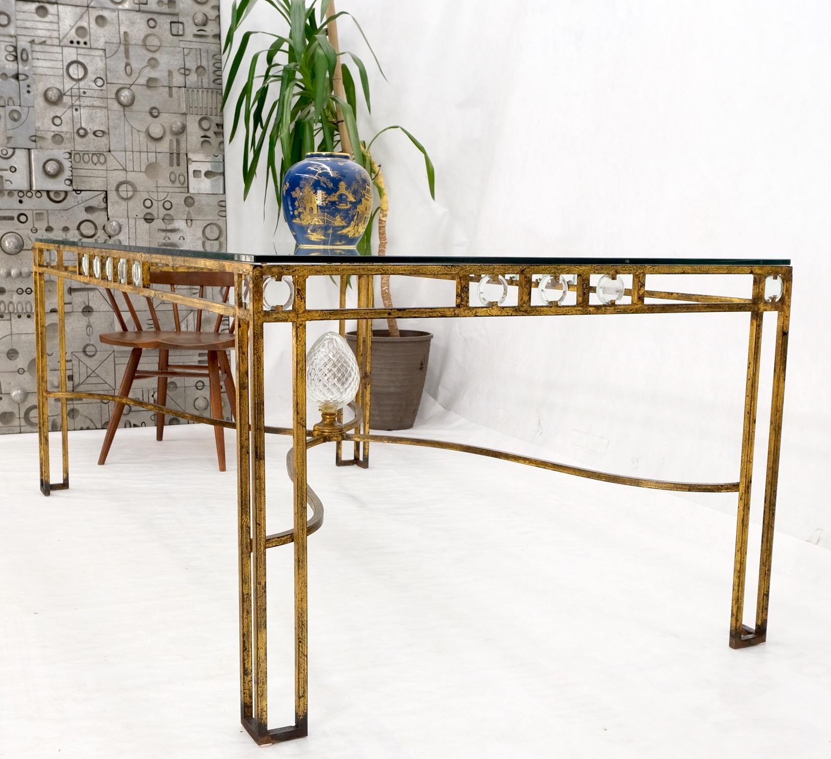 EstablishedLines Large Gold Gilt Iron Base Glass Top Cut Glass Inserts Finial Dining Table