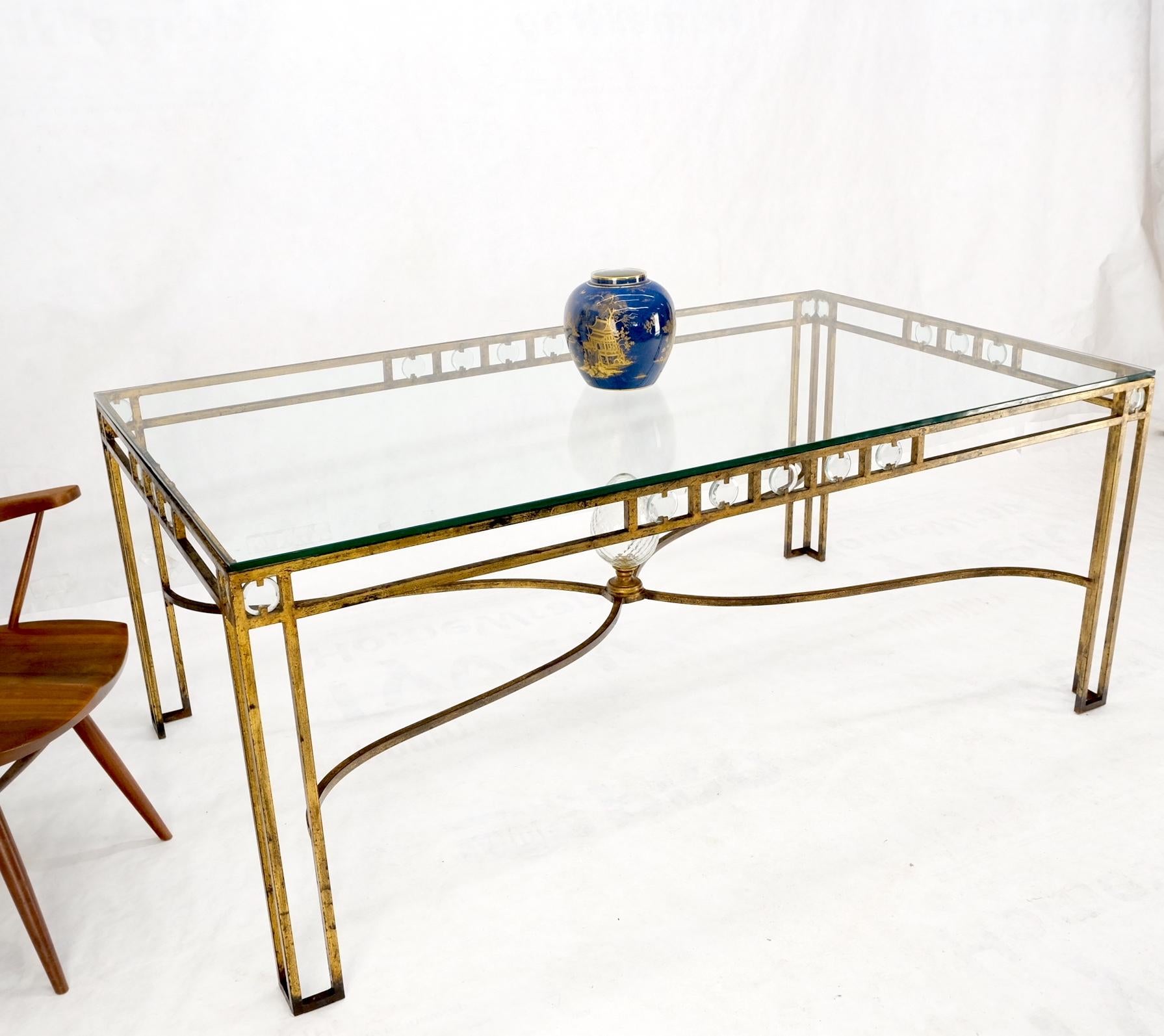 EstablishedLines Large Gold Gilt Iron Base Glass Top Cut Glass Inserts Finial Dining Table