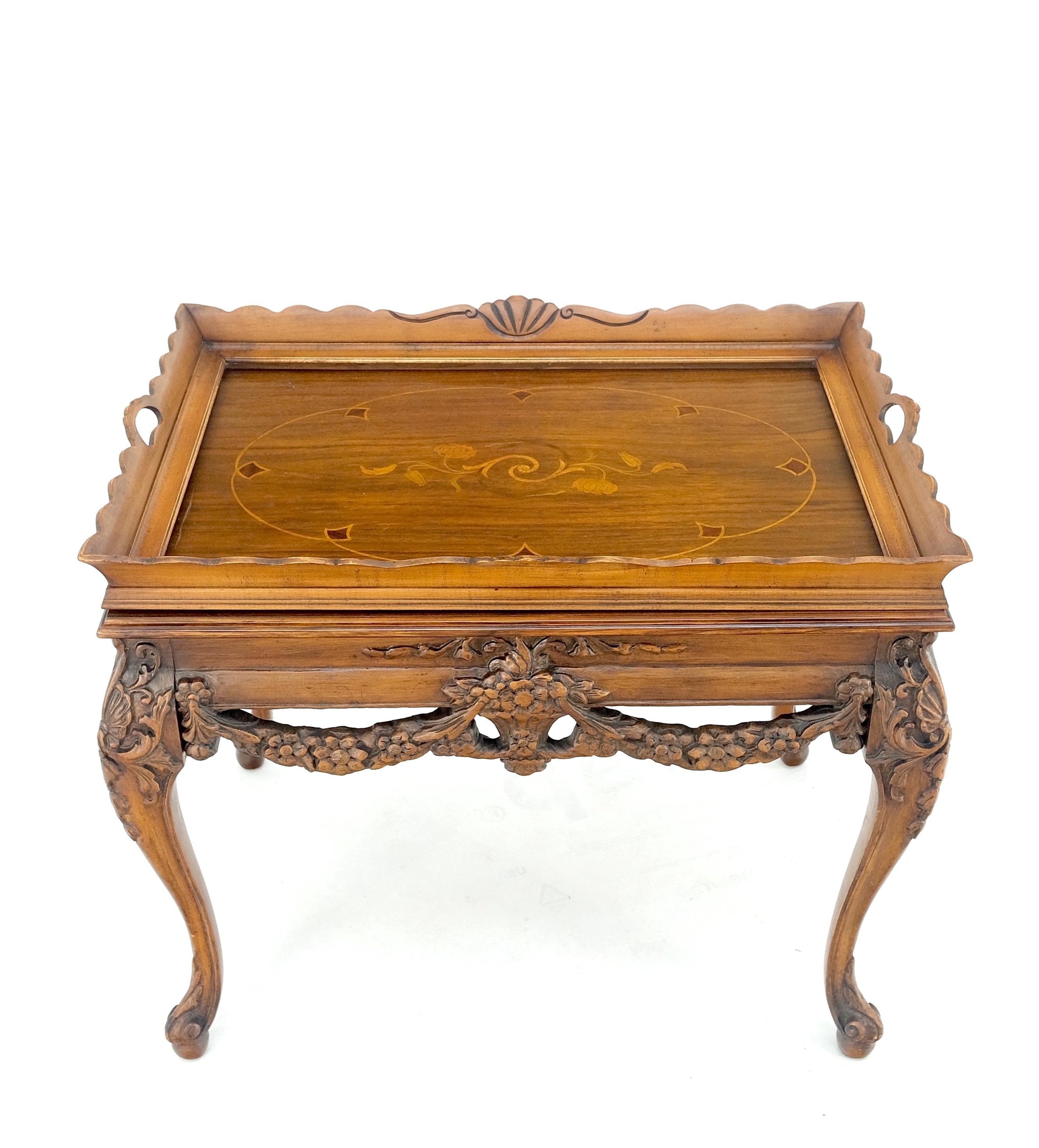 EstablishedLines Removable Tray Top Pierce Carved Inlayed Walnut Side End Table Stand Mint!