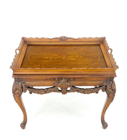 EstablishedLines Removable Tray Top Pierce Carved Inlayed Walnut Side End Table Stand Mint!