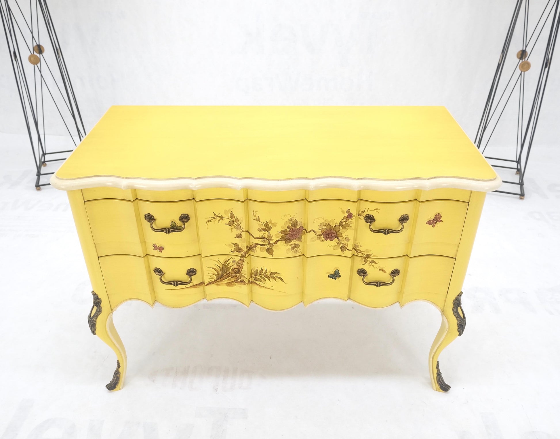 EstablishedLines Lemon Yellow White Lacquer Bronze Mounts cabriole Style Leg Two Drawers Console
