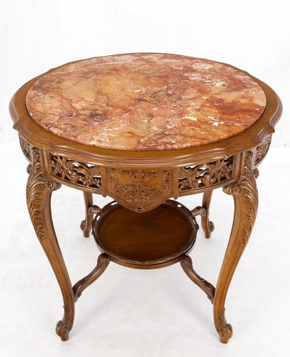 EstablishedLines Carved Walnut Rouge Marble Top Lamp Side Occasional Table Stand Pedestal