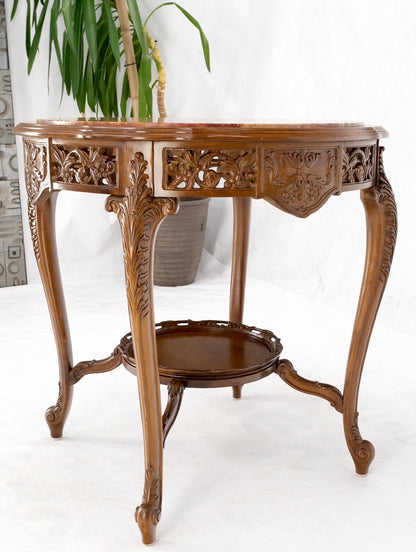 EstablishedLines Carved Walnut Rouge Marble Top Lamp Side Occasional Table Stand Pedestal