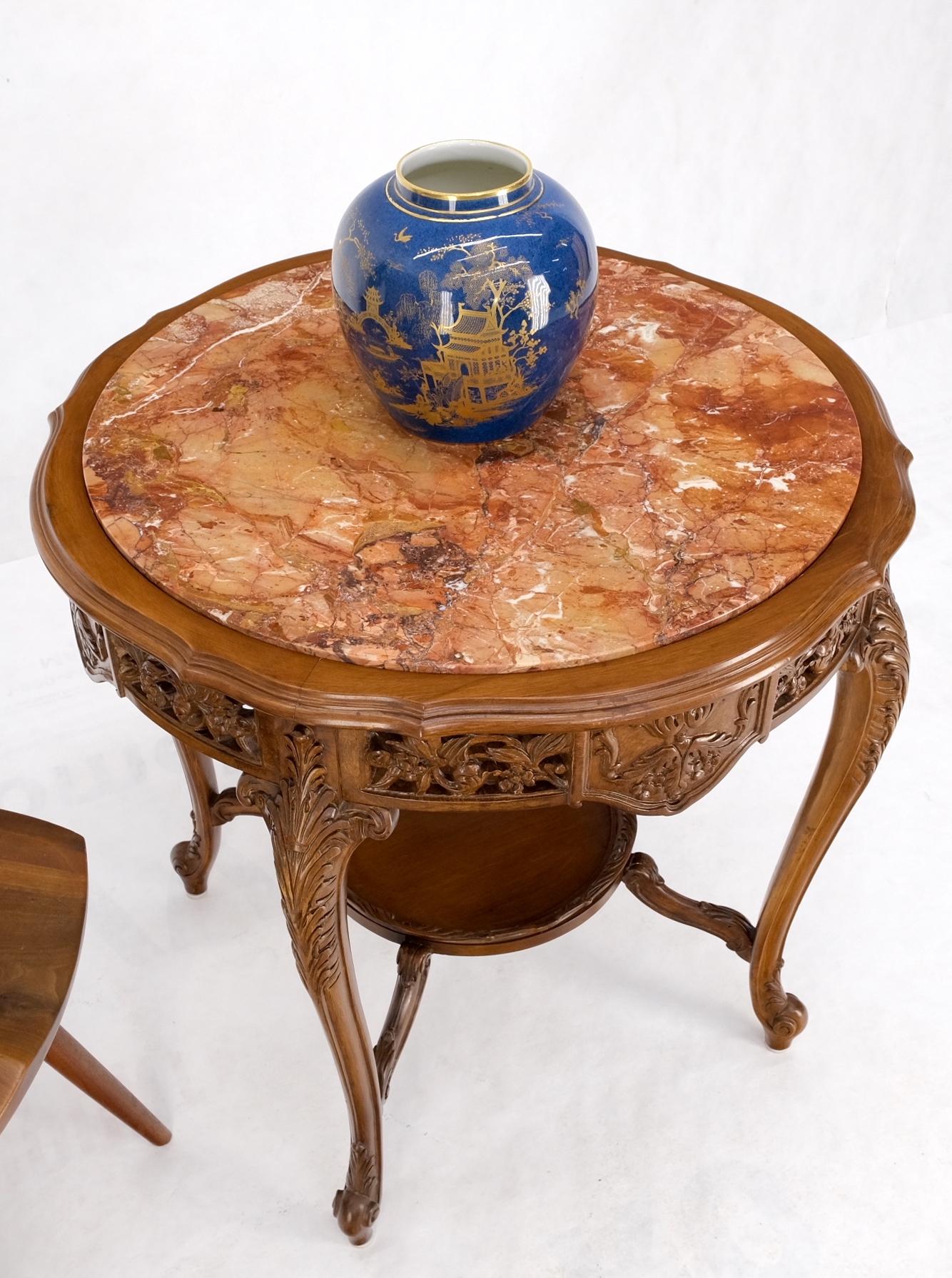 EstablishedLines Carved Walnut Rouge Marble Top Lamp Side Occasional Table Stand Pedestal