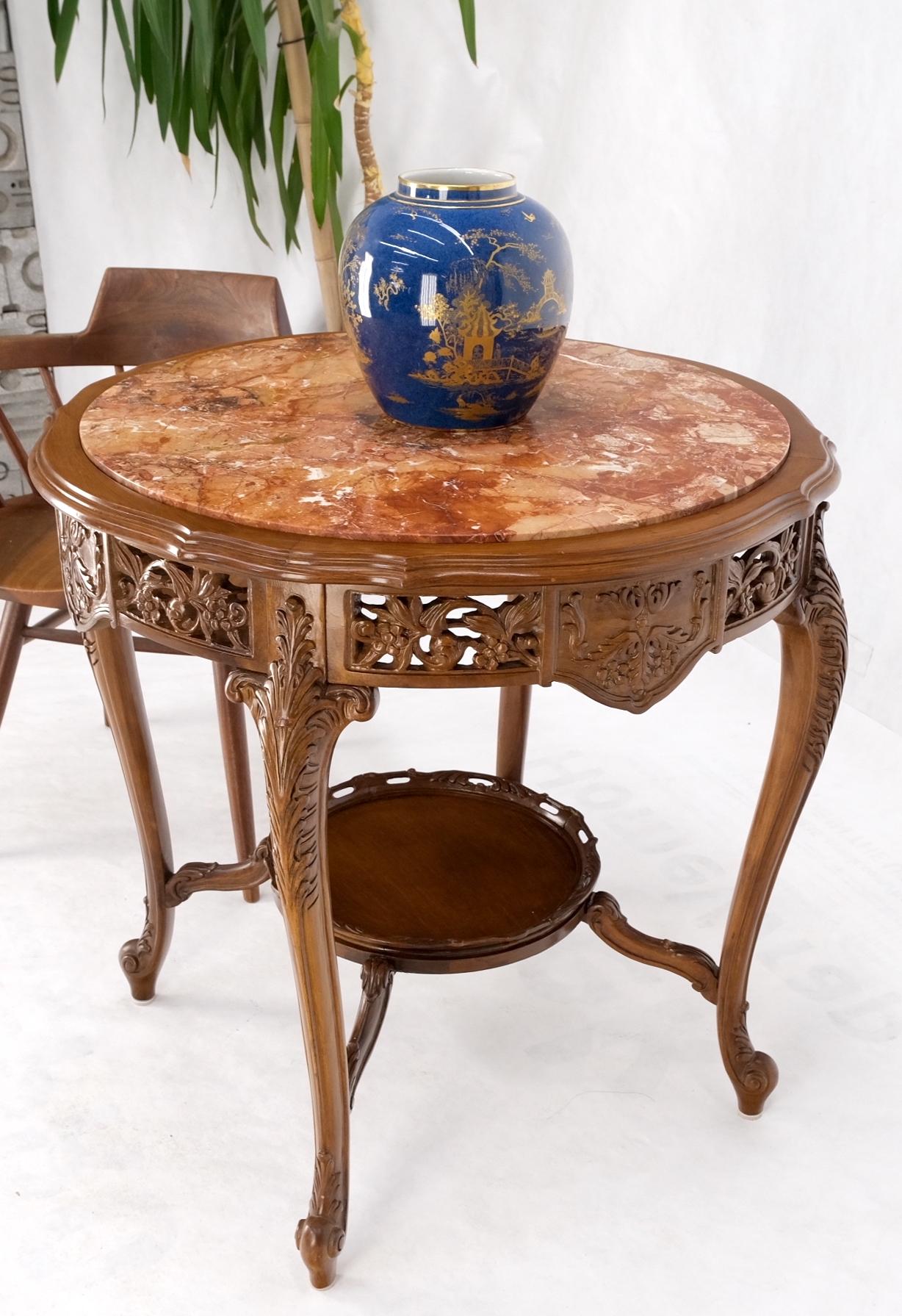 EstablishedLines Carved Walnut Rouge Marble Top Lamp Side Occasional Table Stand Pedestal