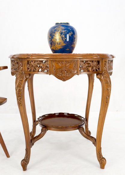 EstablishedLines Carved Walnut Rouge Marble Top Lamp Side Occasional Table Stand Pedestal