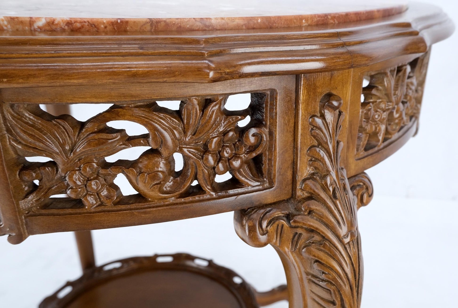 EstablishedLines Carved Walnut Rouge Marble Top Lamp Side Occasional Table Stand Pedestal