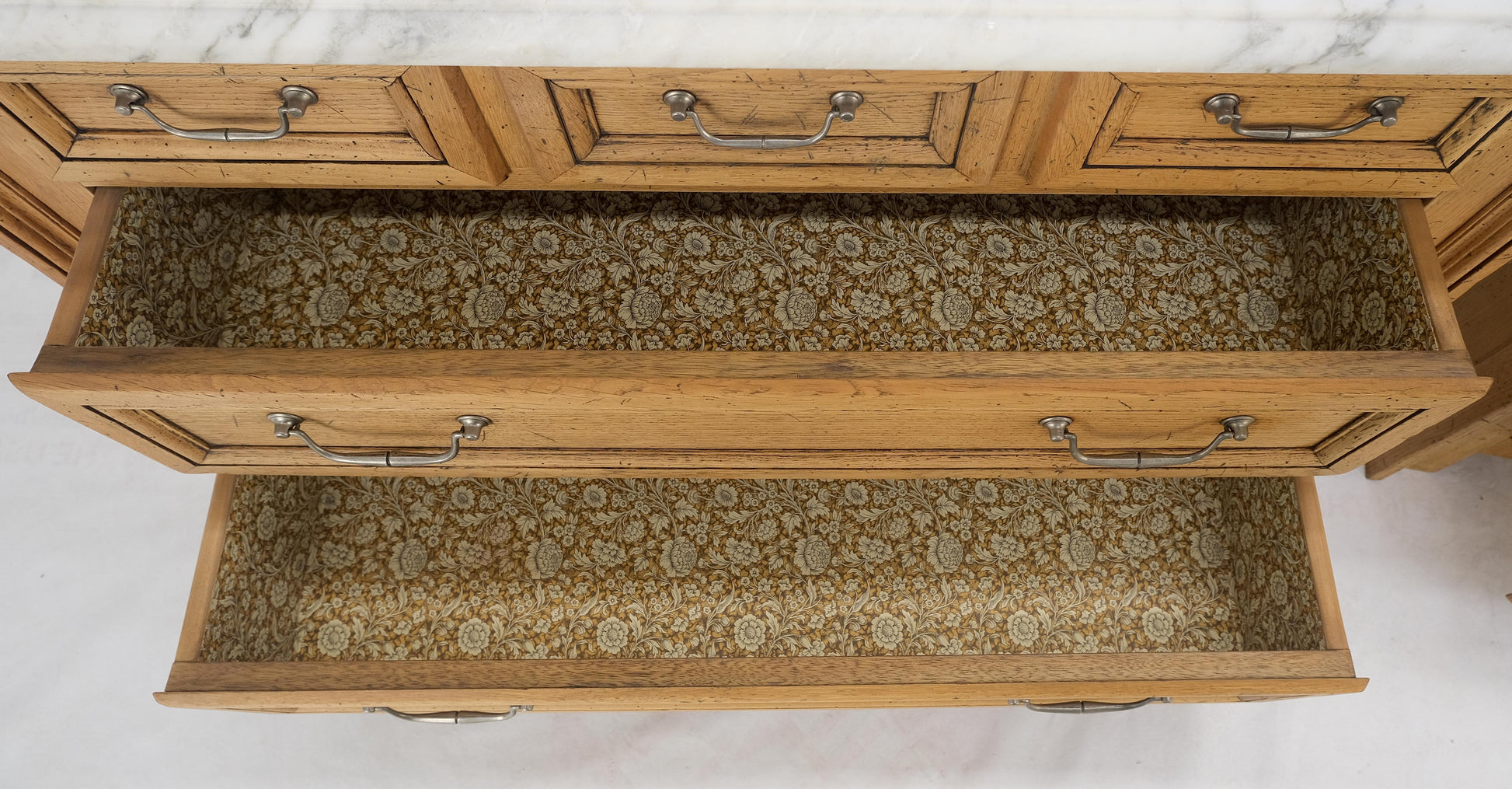 EstablishedLines Pair of Washed Oak White Marble Tops 5 Drawers Bachelor Chests Dressers MINT!
