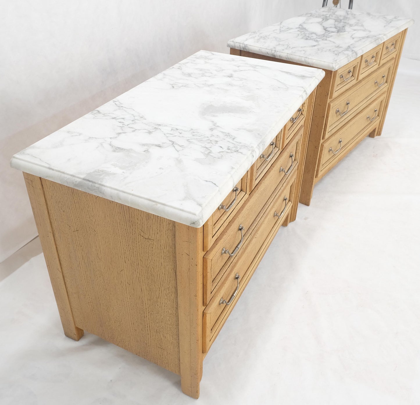 Pair of Washed Oak White Marble Tops 5 Drawers Bachelor Chests Dressers MINT!