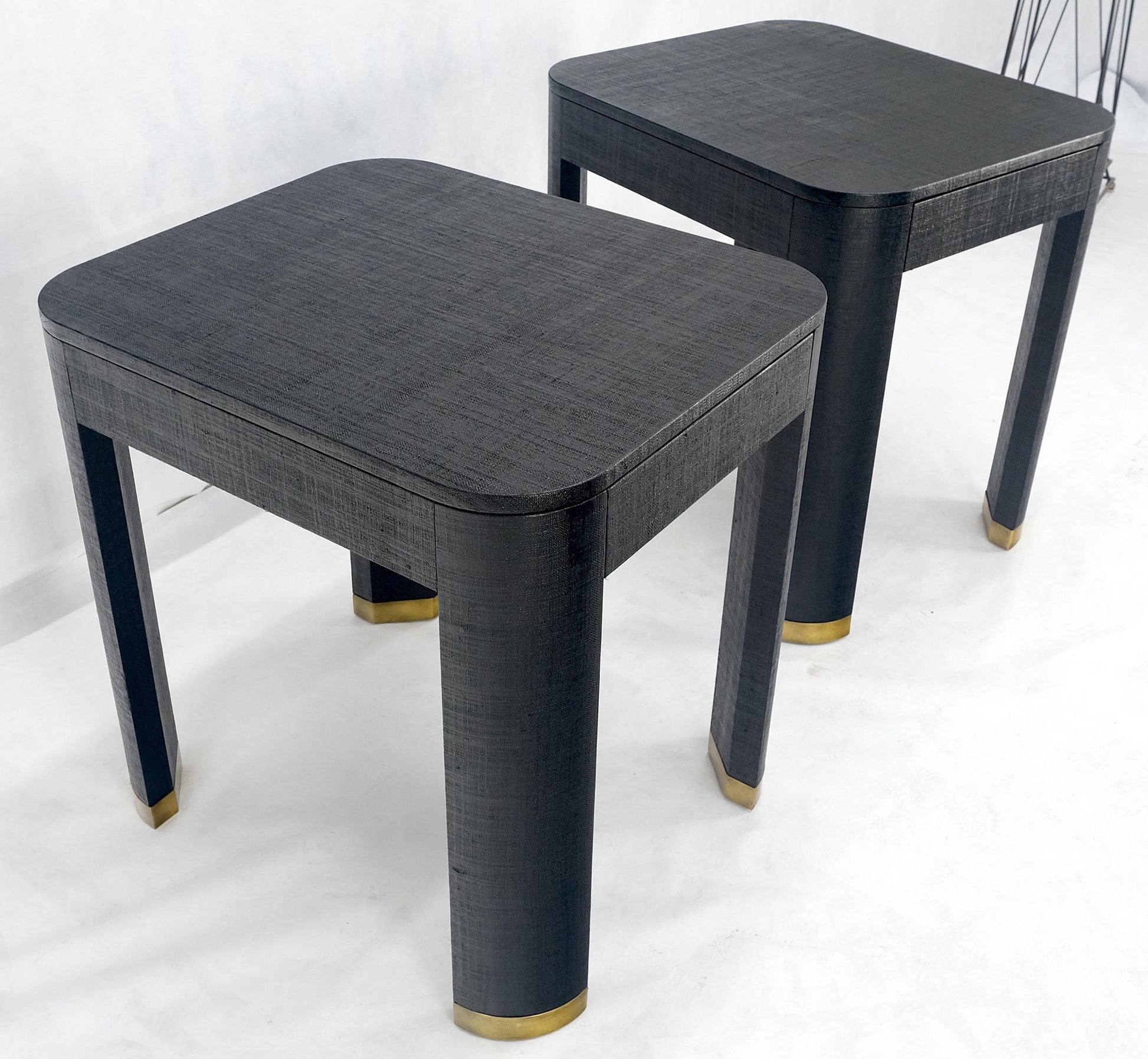 EstablishedLines Pair Black Lacquer Grass Cloth Wrapped One Drawer Night Stands End Tables MINT!