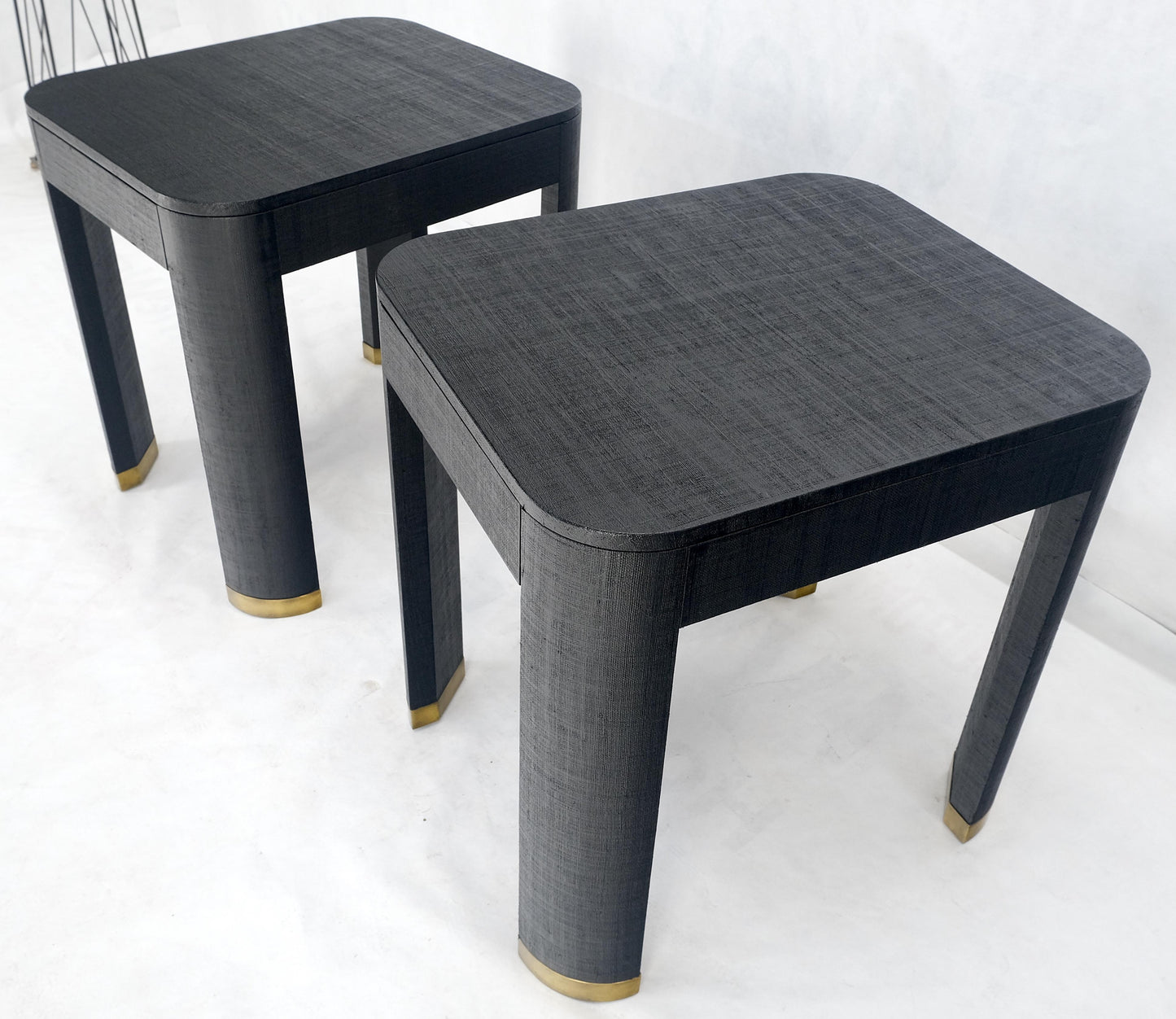 EstablishedLines Pair Black Lacquer Grass Cloth Wrapped One Drawer Night Stands End Tables MINT!