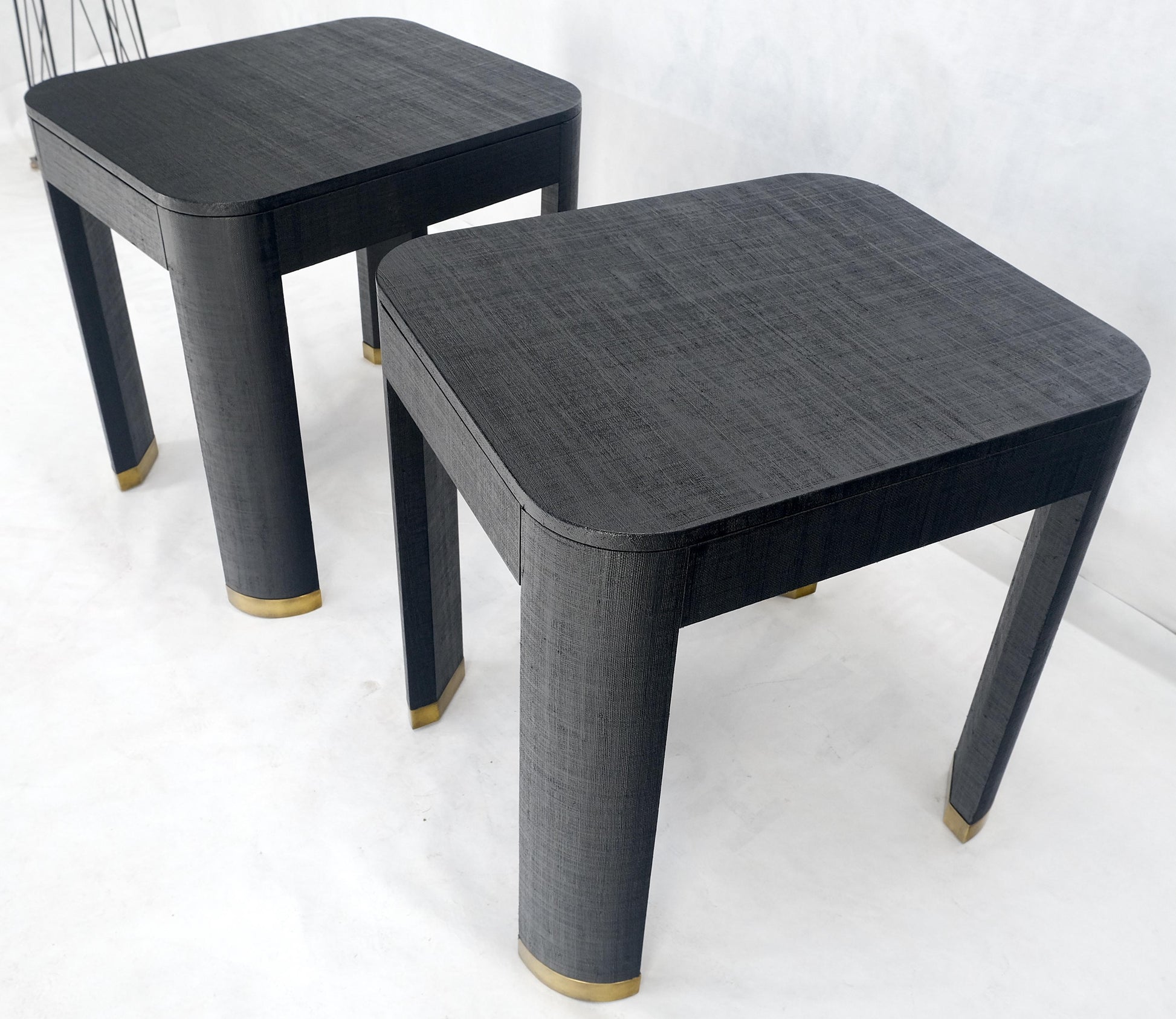 EstablishedLines Pair Black Lacquer Grass Cloth Wrapped One Drawer Night Stands End Tables MINT!
