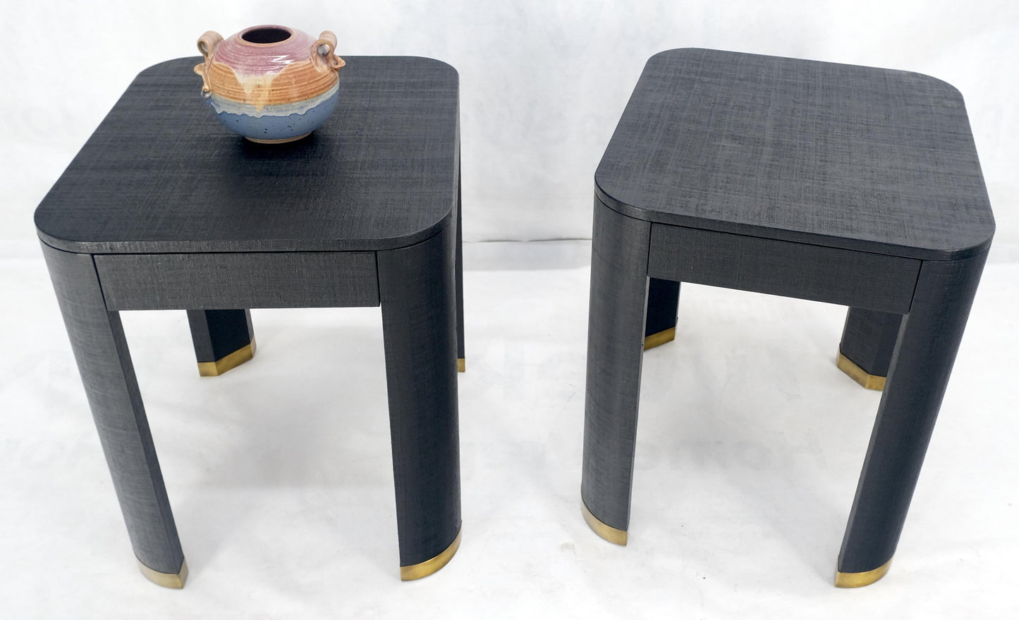 EstablishedLines Pair Black Lacquer Grass Cloth Wrapped One Drawer Night Stands End Tables MINT!