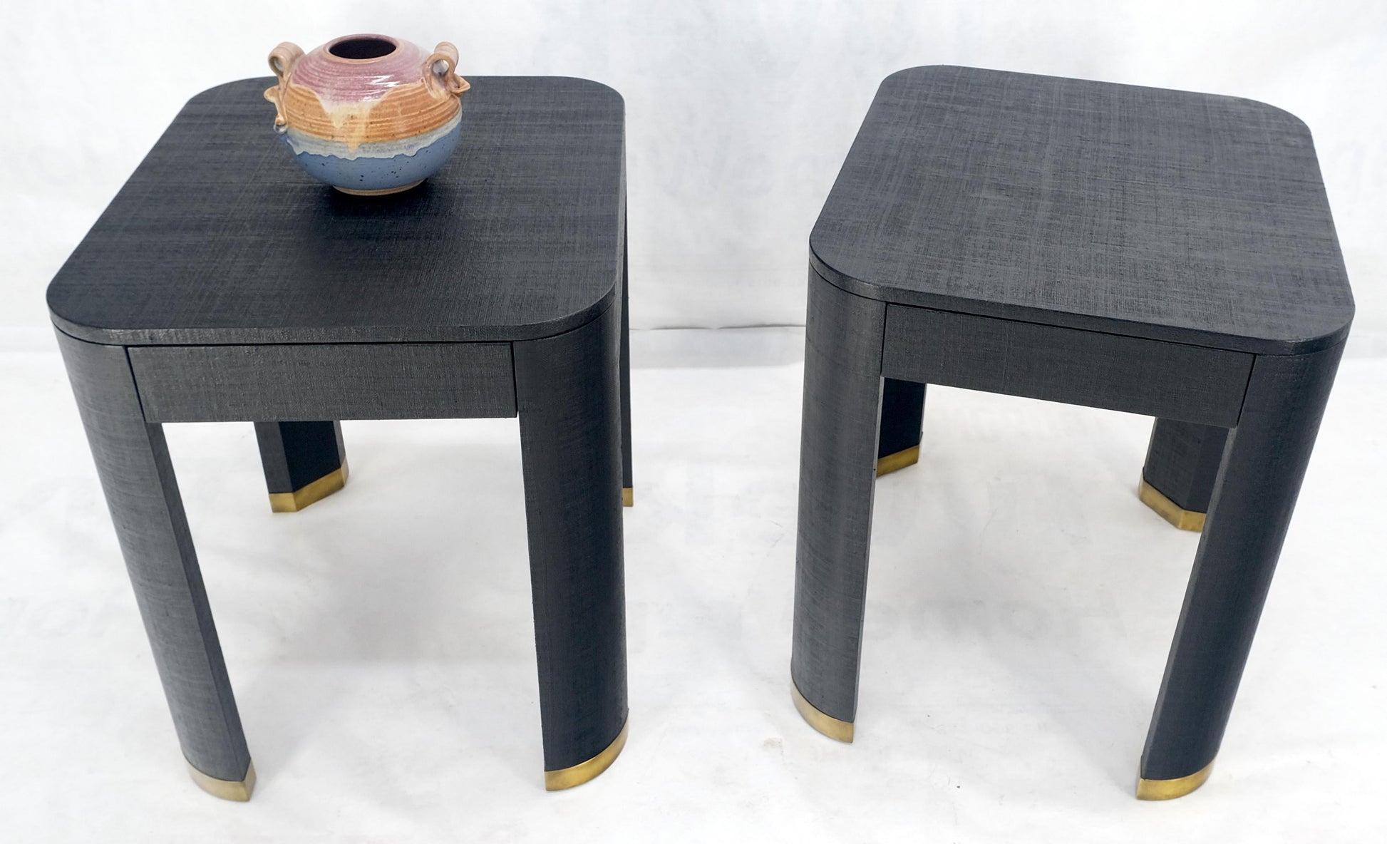 EstablishedLines Pair Black Lacquer Grass Cloth Wrapped One Drawer Night Stands End Tables MINT!