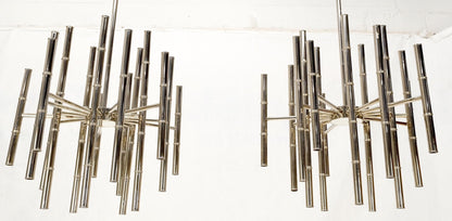 EstablishedLines Pair of Large Faux Bamboo Chrome Pewter Chandeliers Light Fixtures
