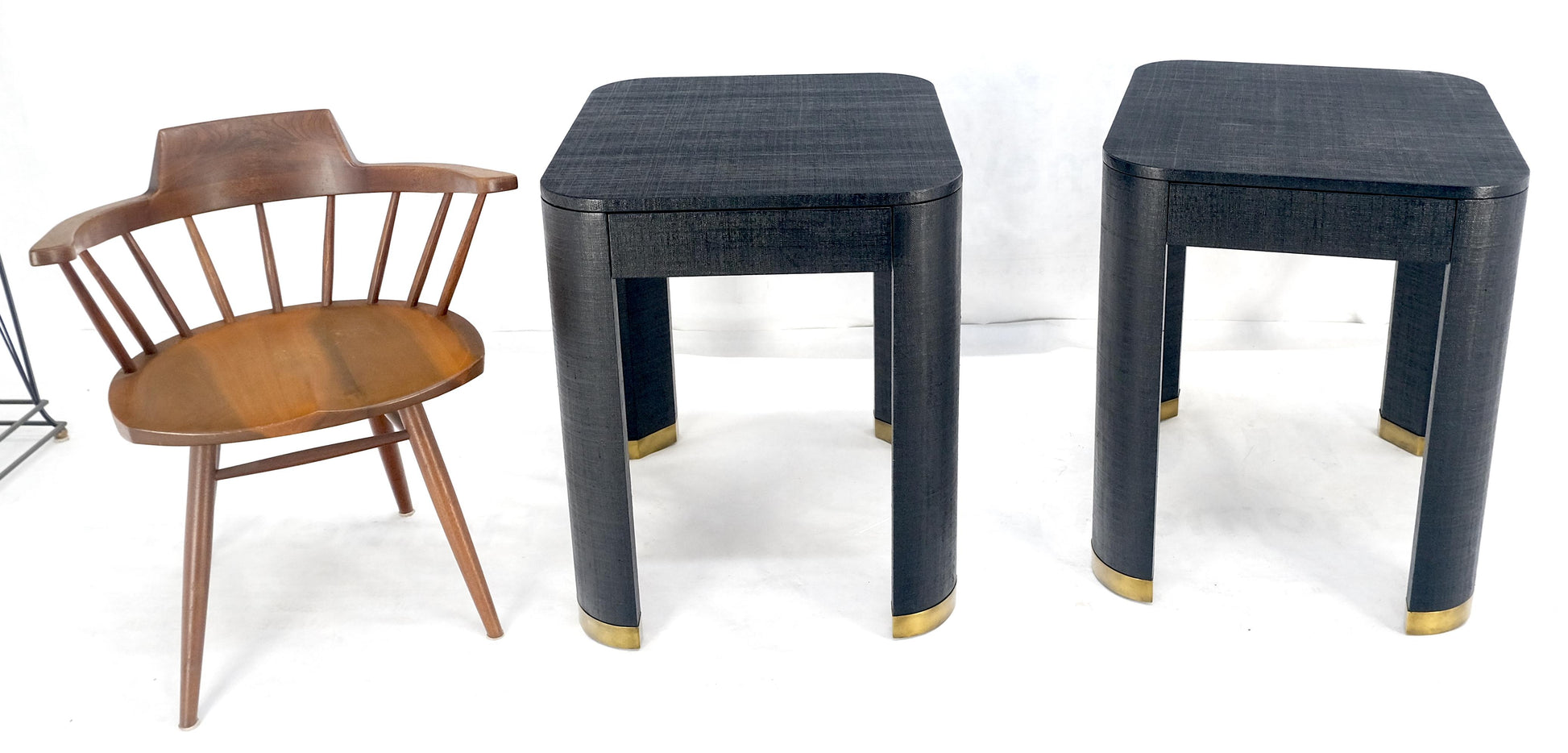 EstablishedLines Pair Black Lacquer Grass Cloth Wrapped One Drawer Night Stands End Tables MINT!
