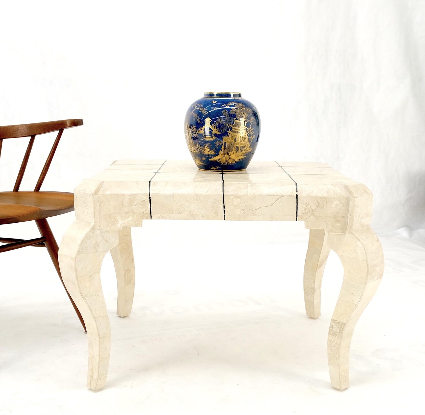 EstablishedLines Tessellated Stone Top Brass Inlay Cabriole Leg Side End Occasional Table MINT!