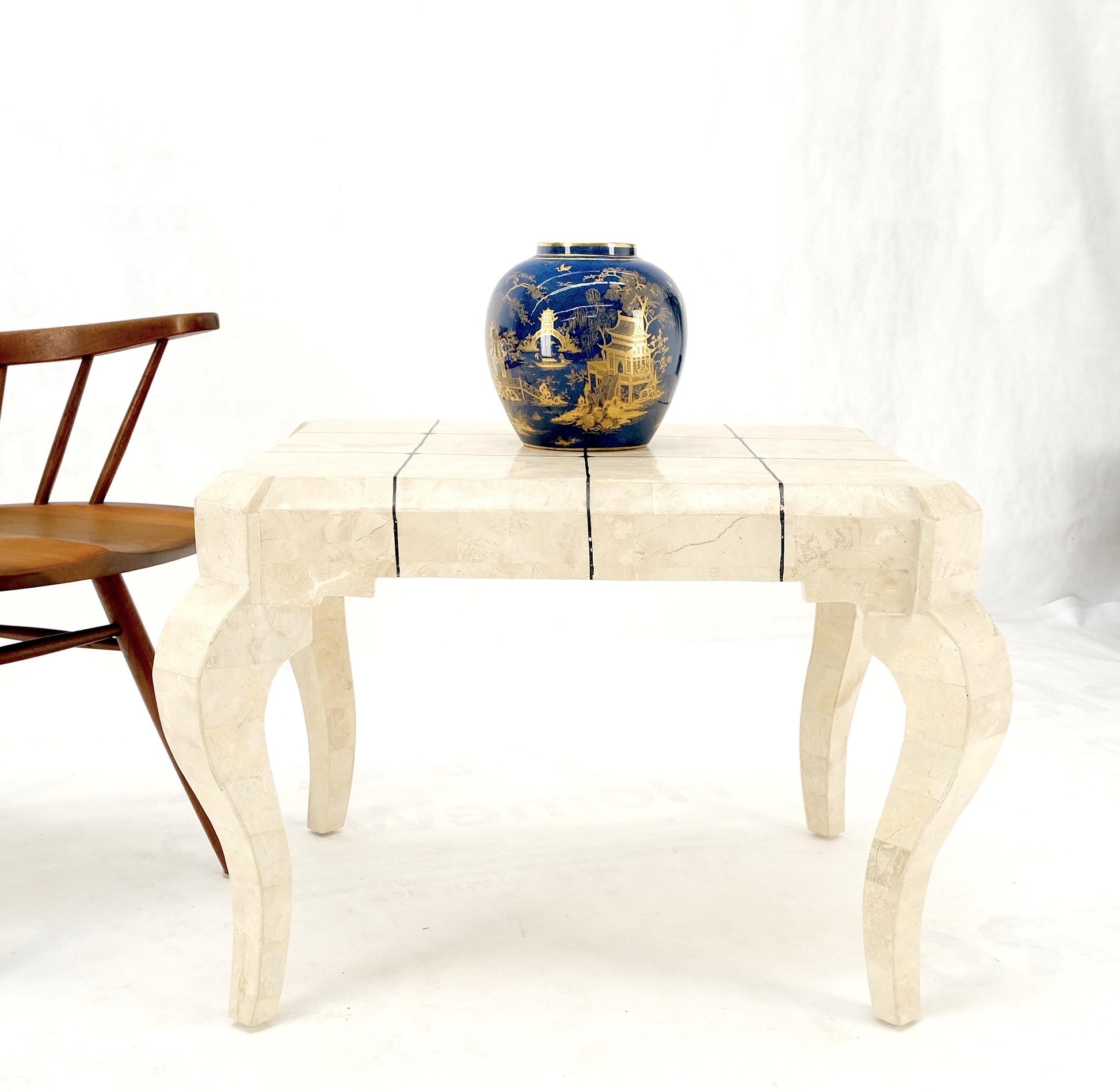 EstablishedLines Tessellated Stone Top Brass Inlay Cabriole Leg Side End Occasional Table MINT!