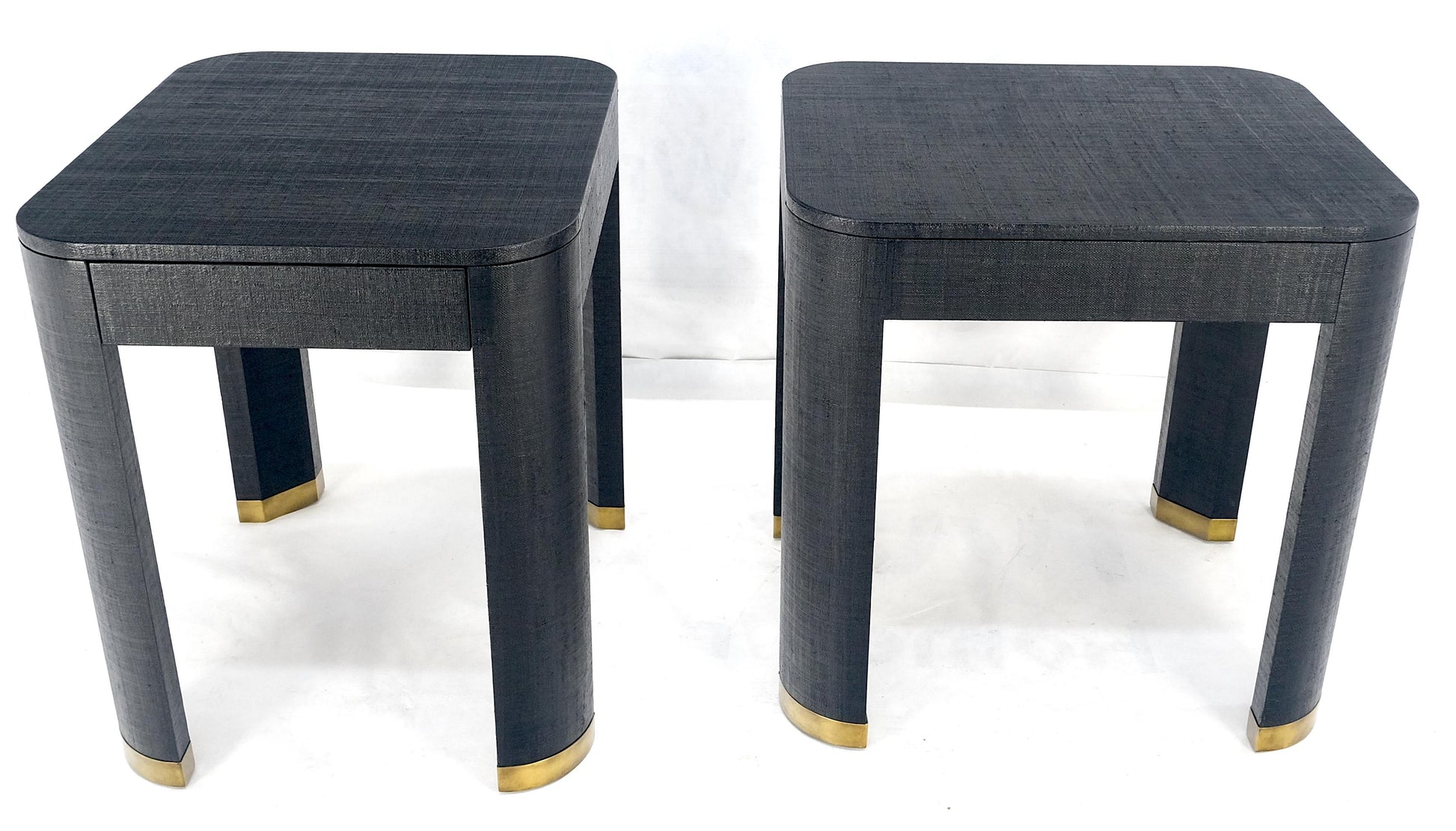 EstablishedLines Pair Black Lacquer Grass Cloth Wrapped One Drawer Night Stands End Tables MINT!