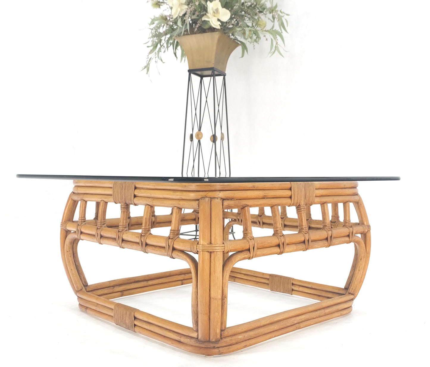 Ficks Reed Bamboo & Reed Square Glass Top Coffee Table c.1970s Mint!