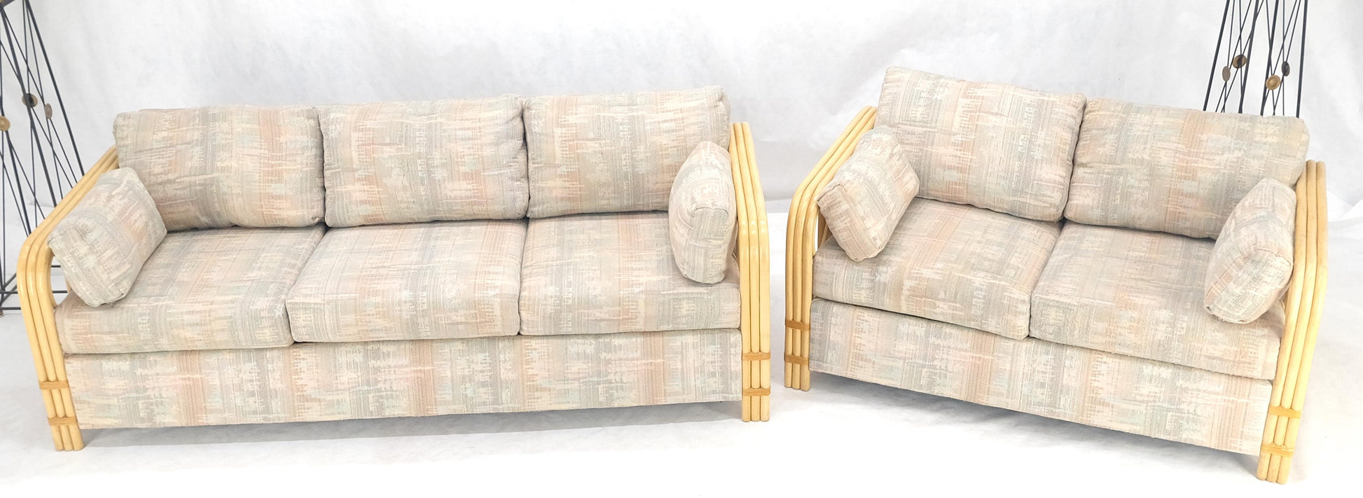EstablishedLines Pair Bent Bamboo Frames Linen Like Upholstery Mid Century Modern Sofa Loveseat