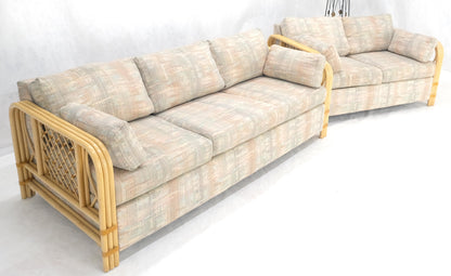 EstablishedLines Pair Bent Bamboo Frames Linen Like Upholstery Mid Century Modern Sofa Loveseat