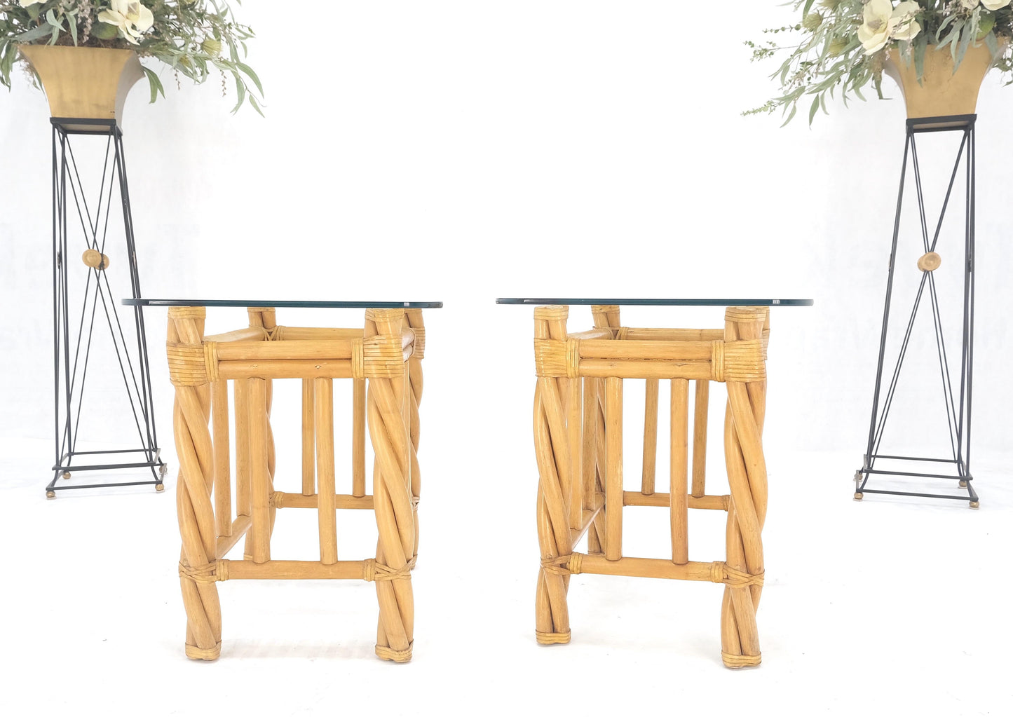 EstablishedLines Pair Decorative Twisted Rattan Rectangle End Side Tables Stand Rounded Glass Top