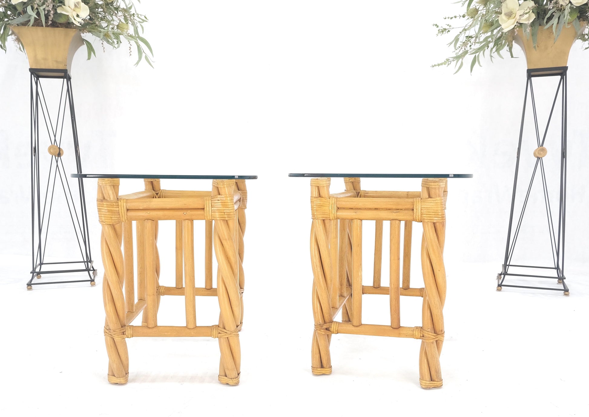 EstablishedLines Pair Decorative Twisted Rattan Rectangle End Side Tables Stand Rounded Glass Top