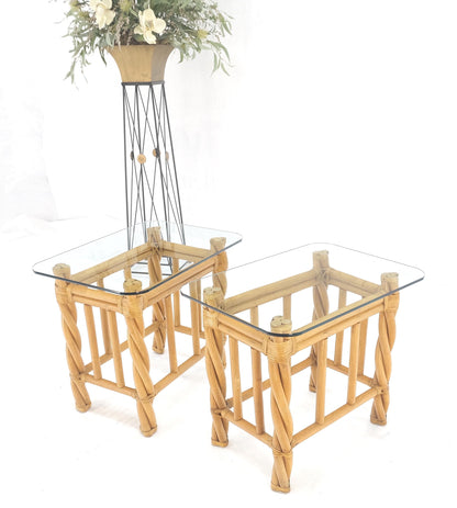 EstablishedLines Pair Decorative Twisted Rattan Rectangle End Side Tables Stand Rounded Glass Top