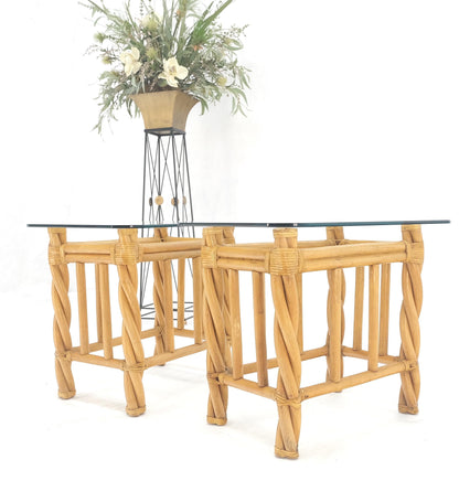 EstablishedLines Pair Decorative Twisted Rattan Rectangle End Side Tables Stand Rounded Glass Top