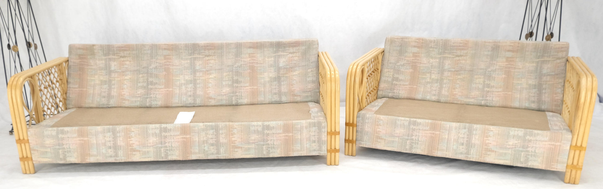 EstablishedLines Pair Bent Bamboo Frames Linen Like Upholstery Mid Century Modern Sofa Loveseat