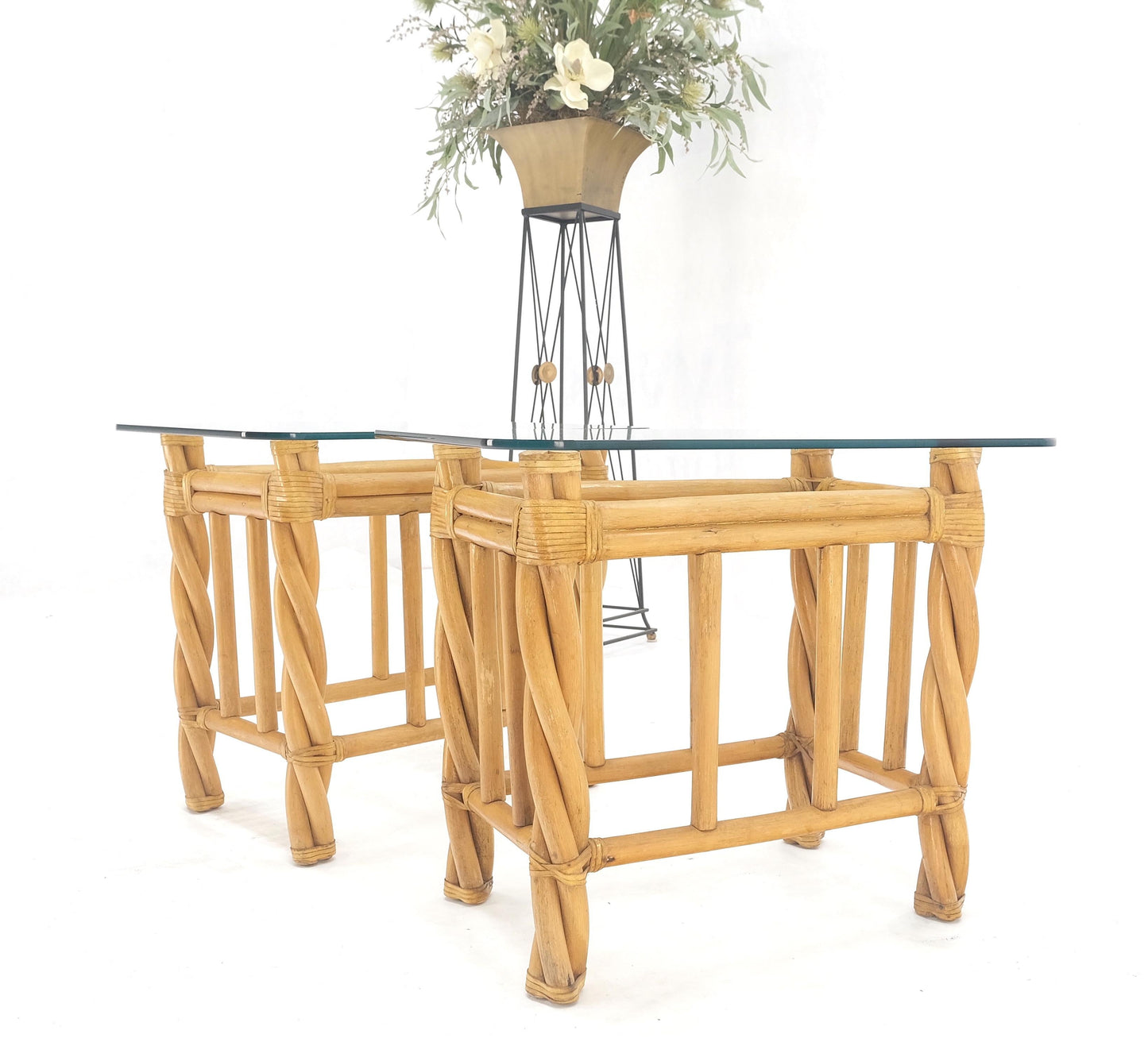 EstablishedLines Pair Decorative Twisted Rattan Rectangle End Side Tables Stand Rounded Glass Top