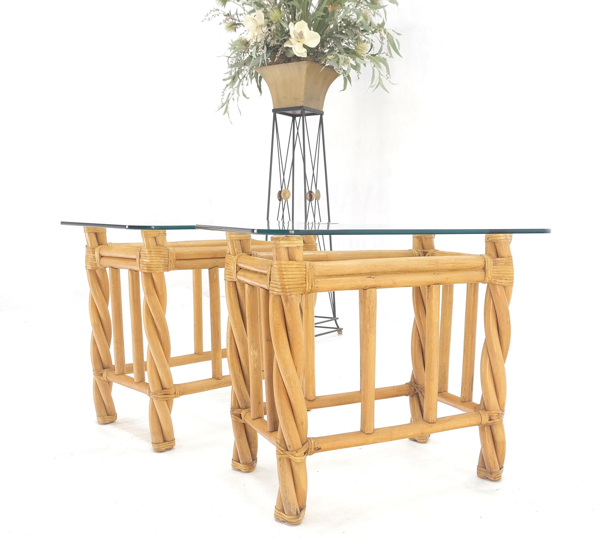 EstablishedLines Pair Decorative Twisted Rattan Rectangle End Side Tables Stand Rounded Glass Top
