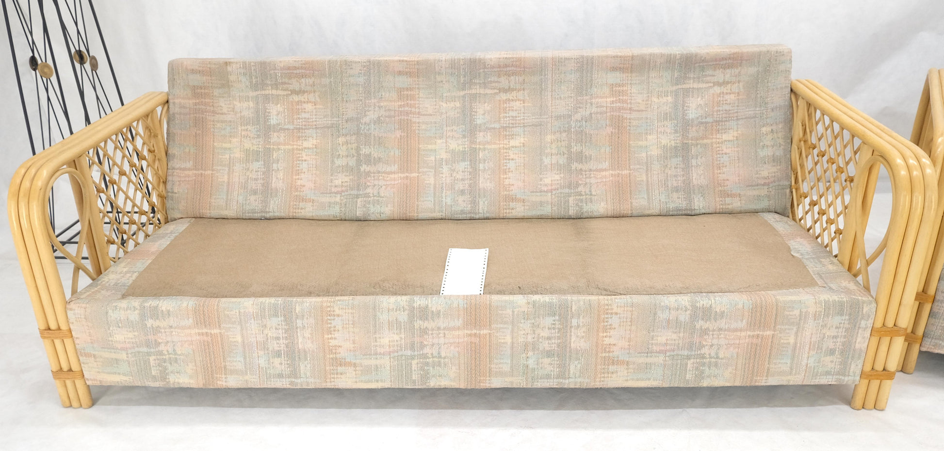 EstablishedLines Pair Bent Bamboo Frames Linen Like Upholstery Mid Century Modern Sofa Loveseat
