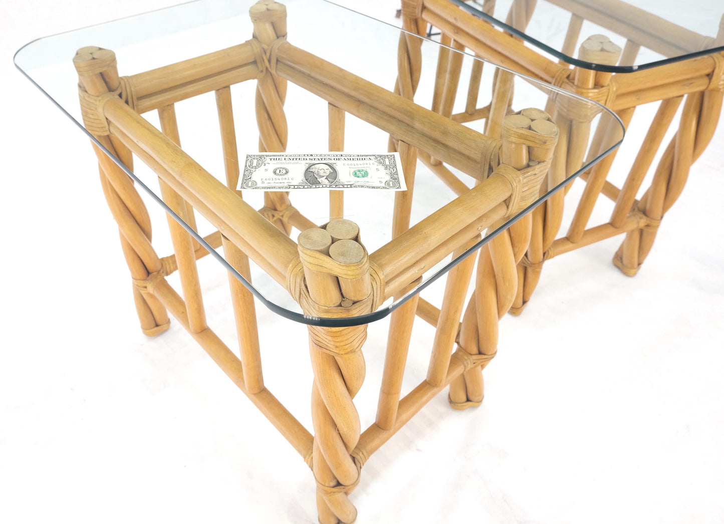 EstablishedLines Pair Decorative Twisted Rattan Rectangle End Side Tables Stand Rounded Glass Top