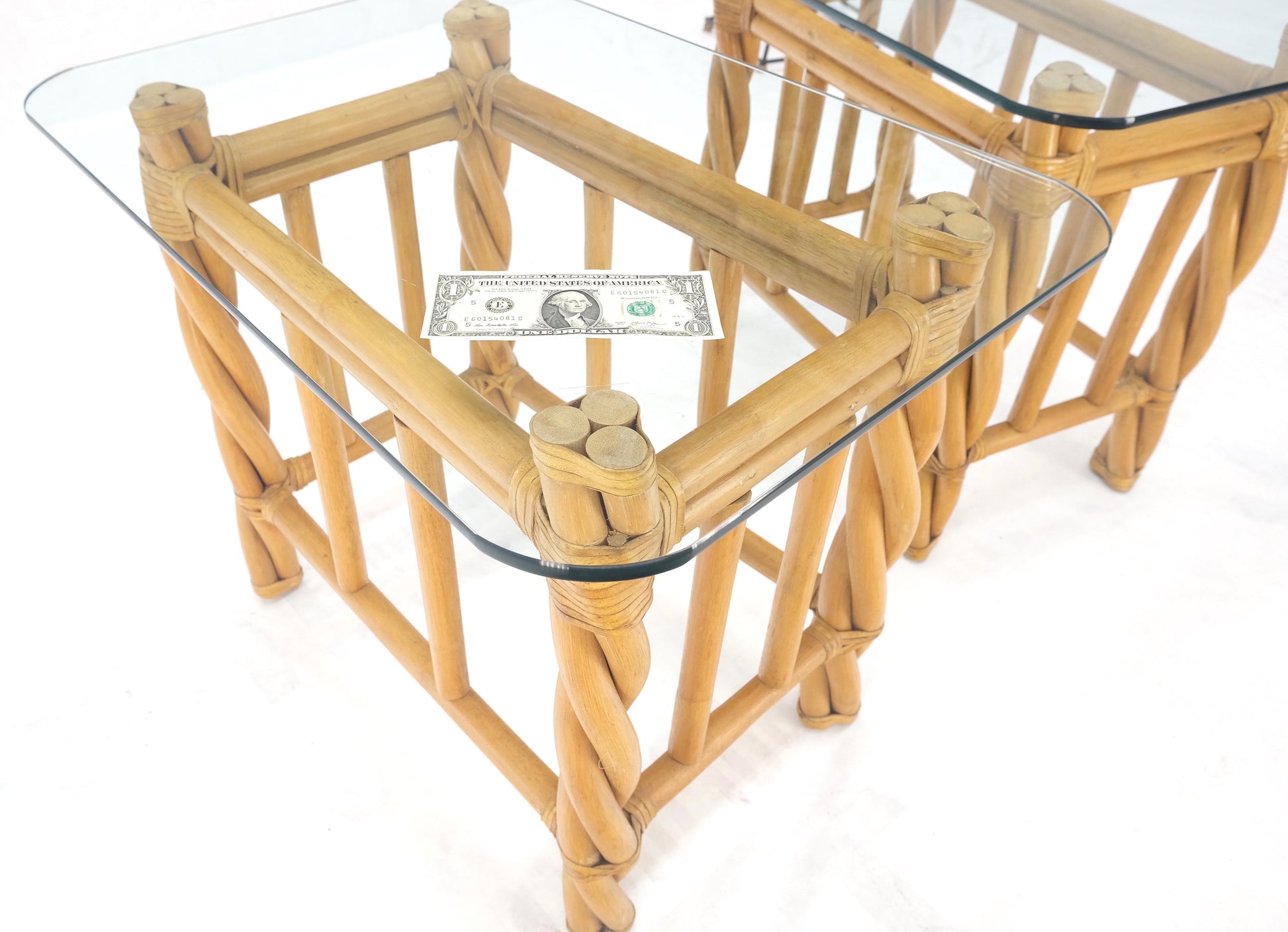 EstablishedLines Pair Decorative Twisted Rattan Rectangle End Side Tables Stand Rounded Glass Top