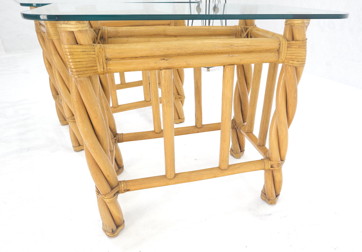 EstablishedLines Pair Decorative Twisted Rattan Rectangle End Side Tables Stand Rounded Glass Top