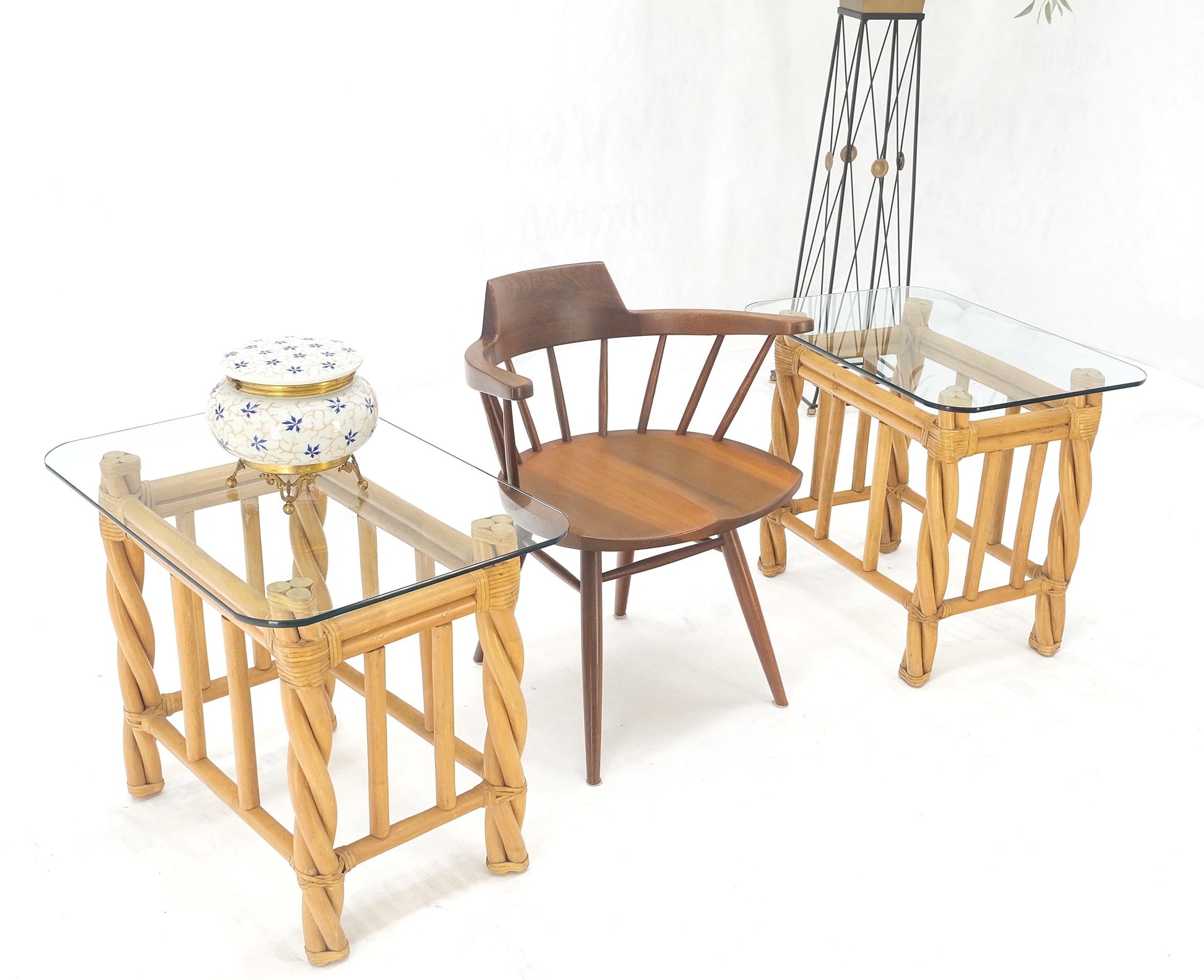 EstablishedLines Pair Decorative Twisted Rattan Rectangle End Side Tables Stand Rounded Glass Top