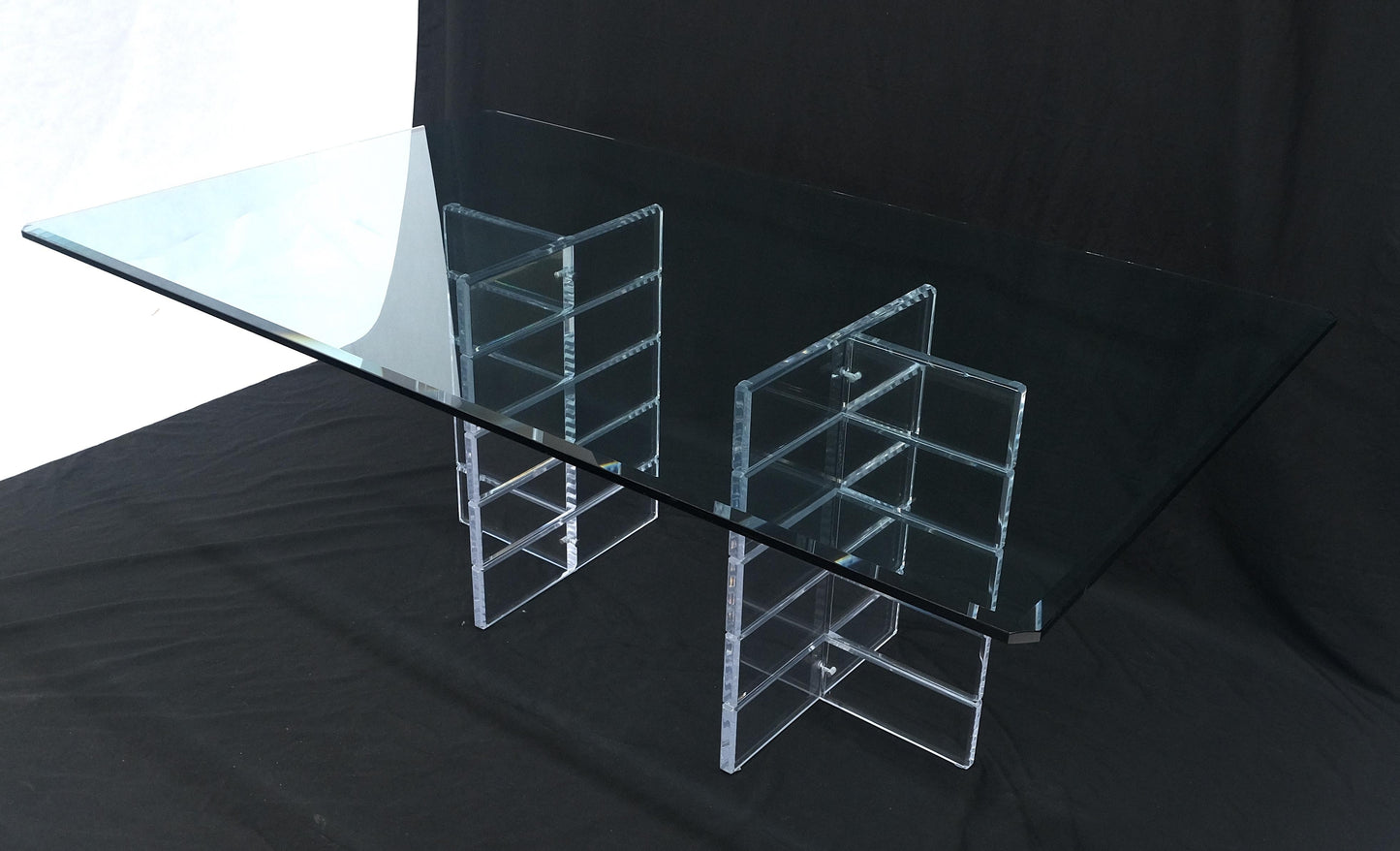 Thick Polished Lucite Double Base 3/4" Thick Rectangle Glass Top Dining Table
