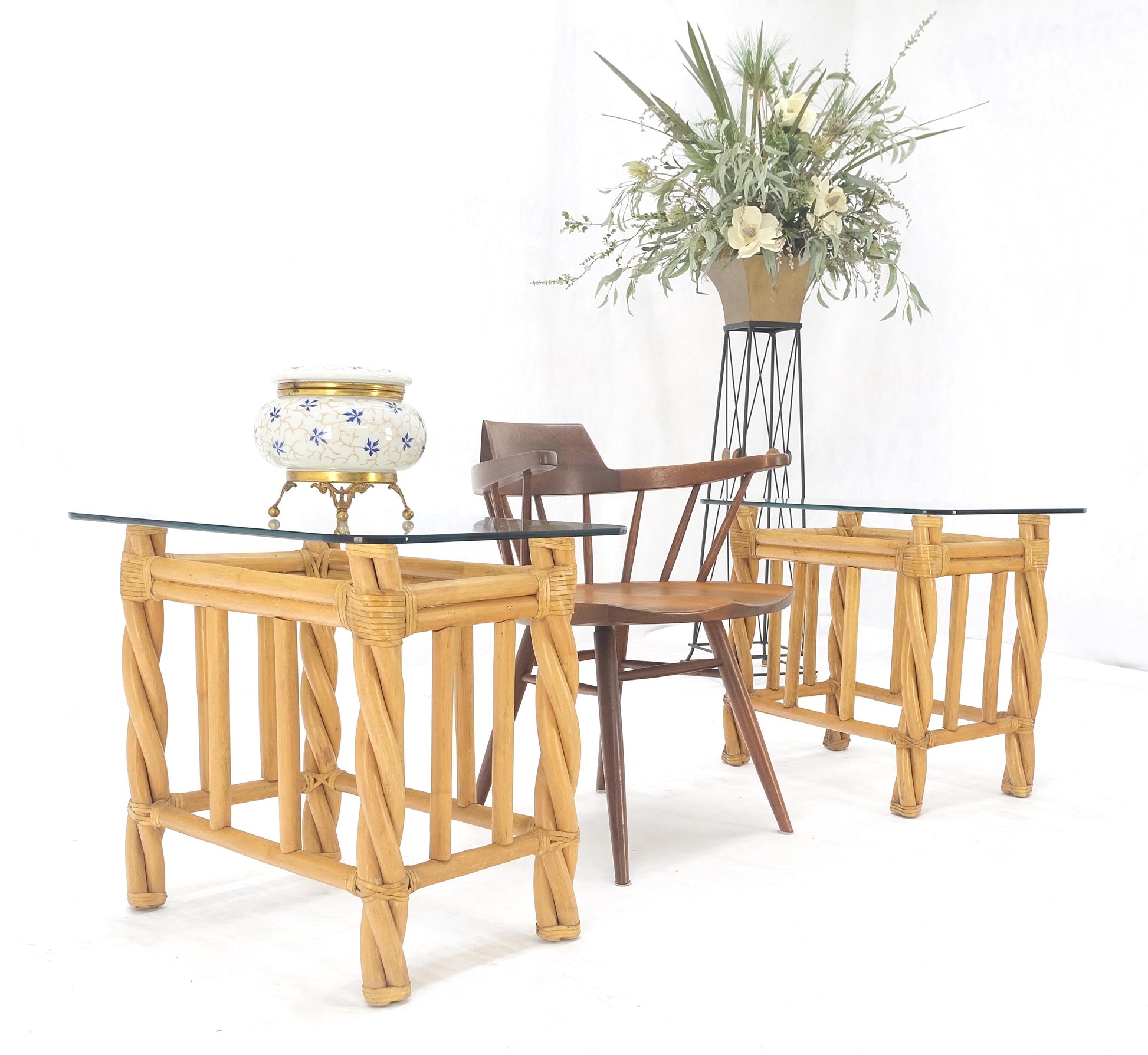 EstablishedLines Pair Decorative Twisted Rattan Rectangle End Side Tables Stand Rounded Glass Top